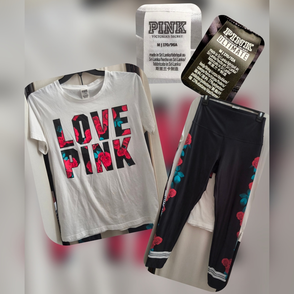 PINK Victoria's Secret Black and Red Floral Leggings & Matching Tee Size Med